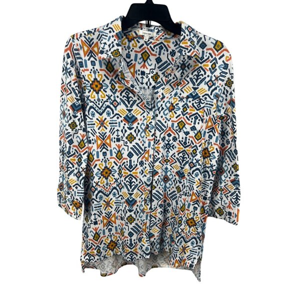 Tyler Boe Aztec Print Button Up Blouse M Multicolor Cotton Blend 3/4 Sleeve Boho - Picture 1 of 6
